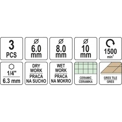 ZESTAW DIAMENTOWYCH WIERTEŁ DO GRESU 3SZT HEX YATO