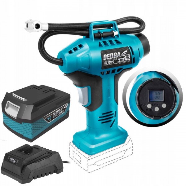 DEDRA KOMPRESOR PISTOLETOWY AKU 18V Pompka SAS 4Ah DEDRA KOMPRESOR PISTOLETOWY AKU 18V Pompka SAS 4Ah