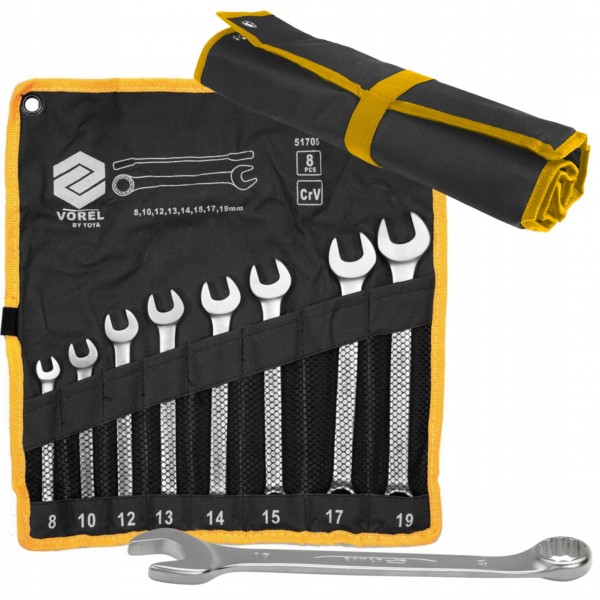 VOREL KOMPLET KLUCZE PŁASKO OCZKOWE CRV 8-19MM ZESTAW 8 SZTUK PŁACHTA 51705 VOREL KOMPLET KLUCZE PŁASKO OCZKOWE CRV 8-19MM ZESTAW 8 SZTUK PŁACHTA 51705
