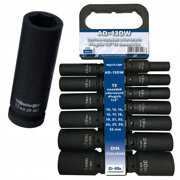 ADLER ZESTAW KOMPLET NASADEK DŁUGICH 13 SZTUK 1/2" 6-KĄTNE WIESZAK AD-13DW ADLER ZESTAW KOMPLET NASADEK DŁUGICH 13 SZTUK 1/2" 6-KĄTNE WIESZAK AD-13DW