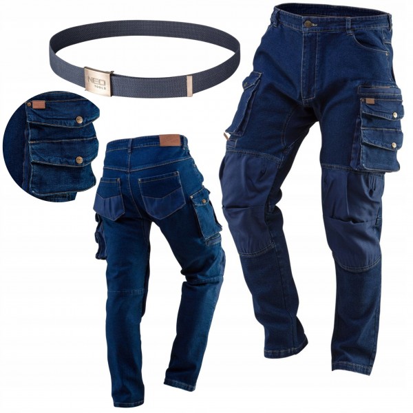 NEO SPODNIE ROBOCZE DENIM DO PASA WZMOCNIONE BAWEŁNA OXFORD S/48 + PASEK
