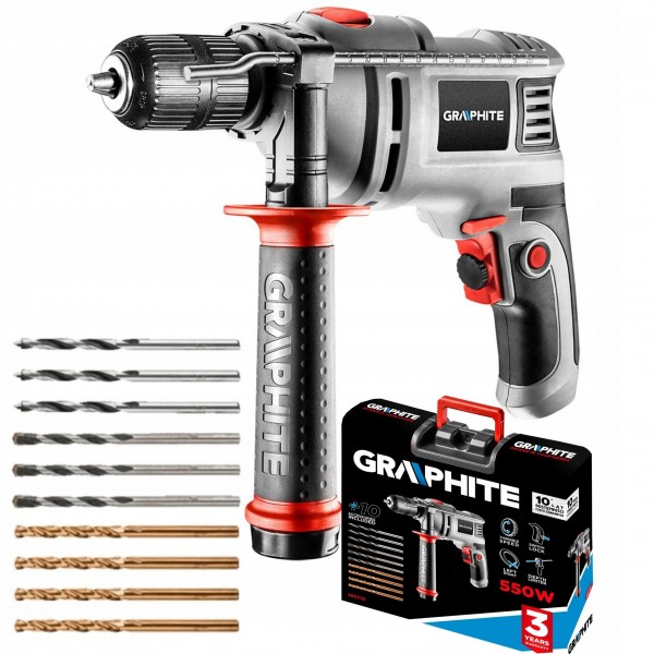 GRAPHITE WIERTARKA UDAROWA 550W UCHWYT 13mm +10 WIERTEŁ WALIZKA 58G735 GRAPHITE WIERTARKA UDAROWA 550W UCHWYT 13mm +10 WIERTEŁ WALIZKA 58G735