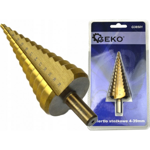 GEKO WIERTŁO STOŻKOWE STOPNIOWE CHOINKOWE HSS 4-39mm rozwiertak GEKO WIERTŁO STOŻKOWE STOPNIOWE CHOINKOWE HSS 4-39mm rozwiertak