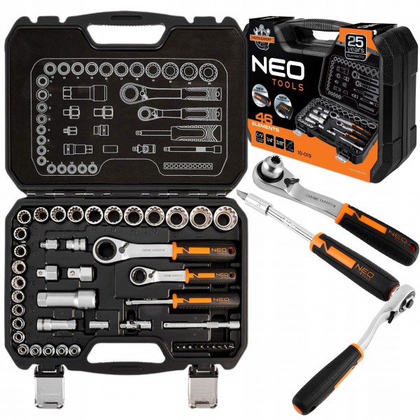 NEO ZESTAW NASADEK PRZELOTOWYCH 1/4" + 3/8" 46 SZT KLUCZE NASADOWE 10-019 NEO ZESTAW NASADEK PRZELOTOWYCH 1/4" + 3/8" 46 SZT KLUCZE NASADOWE 10-019
