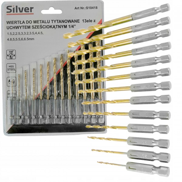 WIERTŁA HEX BITY TYTAN DO METALU 13 SZTUK Z UCHWYTEM HEX 1.5- 6.5MM S10418 WIERTŁA HEX BITY TYTAN DO METALU 13 SZTUK Z UCHWYTEM HEX 1.5- 6.5MM S10418
