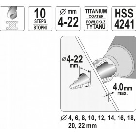 YT-44741 WIERTŁO STOPNIOWE 4-22mm STOŻKOWE TYTAN