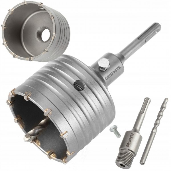 GRAPHITE OTWORNICA WIDIOWA 80MM Z ADAPTEREM SDS+ ORAZ WIERTŁEM PILOTUJĄCYM GRAPHITE OTWORNICA WIDIOWA 80MM Z ADAPTEREM SDS+ ORAZ WIERTŁEM PILOTUJĄCYM