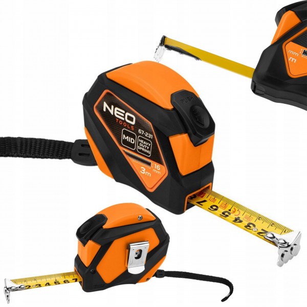 NEO MIARA ZWIJANA STALOWA 3m X16mm AUTO BLOKADA PRZYCISK STOP MAGNES 67-231