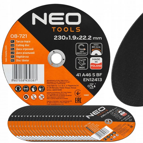 NEO ZESTAW 25EL TARCZE TNĄCE METALU 41 A46 S BF 230x22,2 INOX POLSKI 08-721