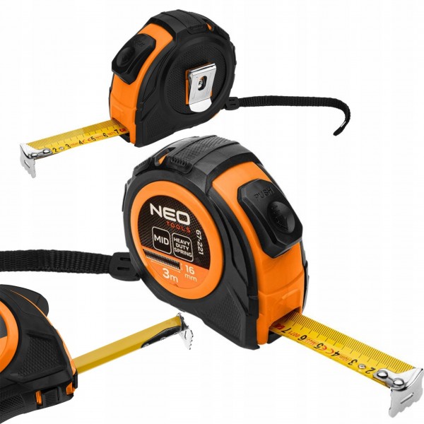 NEO MIARA ZWIJANA STALOWA 3m X 16mm AUTO BLOKADA DWA PRZYCISKI STOP 67-221