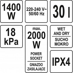 YATO ODKURZACZ PRZEMYSŁOWY WARSZTATOWY 1400W 30L YT-85701
