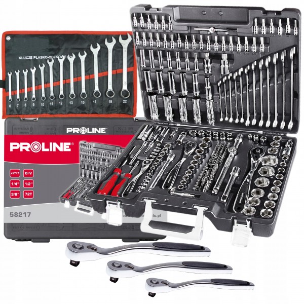 PROLINE ZESTAW 217el KLUCZE NASADOWE i PŁASKIE 1/4 3/8 1/2" +12el klucze PROLINE ZESTAW 217el KLUCZE NASADOWE i PŁASKIE 1/4 3/8 1/2" +12el klucze
