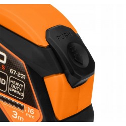 NEO MIARA ZWIJANA STALOWA 3m X16mm AUTO BLOKADA PRZYCISK STOP MAGNES 67-231