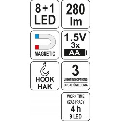 YATO LAMPA LATARKA WARSZTATOWA 2w1 LED 3 X AA 3 TRYBY ŚWIECENIA YT-08513