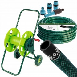 WÓZEK BĘBEN NA WĄŻ + WĄŻ OGRODOWY 50m 1/2" + ZESTAW KOŃCÓW ZRASZACZ POLSKI