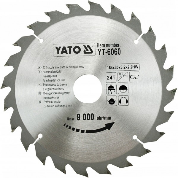 YATO TARCZA WIDIOWA 184x24Tx30MM ZĘBY Z NAKŁADKĄ Z WĘGLIKA DO DREWNA YT6060