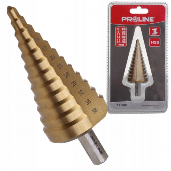 PROLINE WIERTŁO STOPNIOWE STOŻKOWE DO METALU HSS TIN 6-38mm 77802 CHOINKOWE PROLINE WIERTŁO STOPNIOWE STOŻKOWE DO METALU HSS TIN 6-38mm 77802 CHOINKOWE