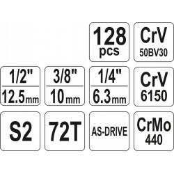 YATO ZESTAW 1/2" 1/4" 3/8" KLUCZE NASADOWE PŁASKIE BITY TORX NASADKI 128el