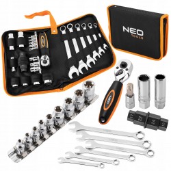 NEO ZESTAW NARZĘDZI DO MOTOCYKLA KLUCZE PŁASKIE NASADKI 25 EL. ETUI 10-500