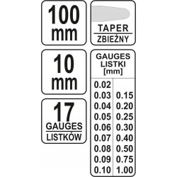 YATO SZCZELINOMIERZ LISTKOWY 17 LISTKÓW 100MM 0,02-1MM STAL SPRĘŻYN Y-7220