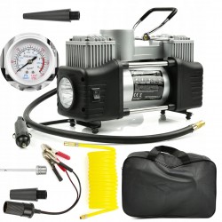 KOMPRESOR SAMOCHODOWY Z MANOMETRTEM 12V POMPKA SPRĘŻARKA 250W + NASADKI LED