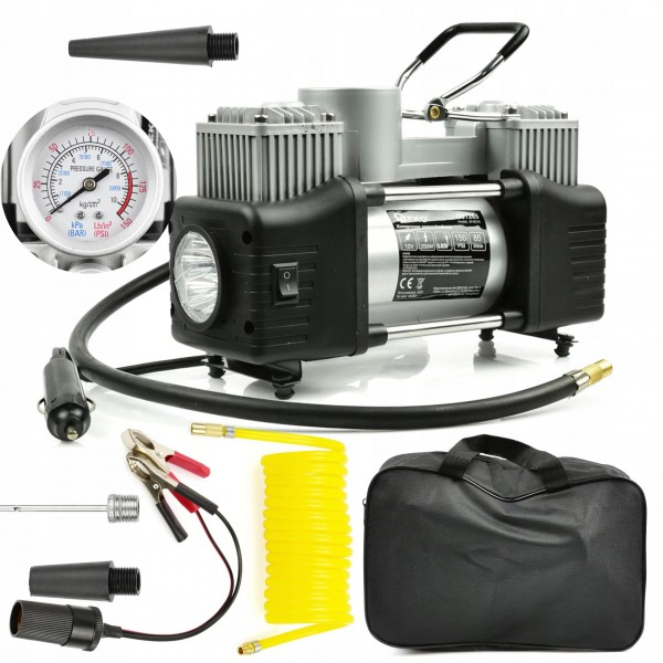 KOMPRESOR SAMOCHODOWY Z MANOMETRTEM 12V POMPKA SPRĘŻARKA 250W + NASADKI LED KOMPRESOR SAMOCHODOWY Z MANOMETRTEM 12V POMPKA SPRĘŻARKA 250W + NASADKI LED