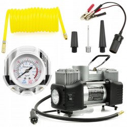 KOMPRESOR SAMOCHODOWY Z MANOMETRTEM 12V POMPKA SPRĘŻARKA 250W + NASADKI LED