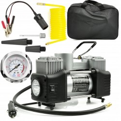 KOMPRESOR SAMOCHODOWY Z MANOMETRTEM 12V POMPKA SPRĘŻARKA 250W + NASADKI LED