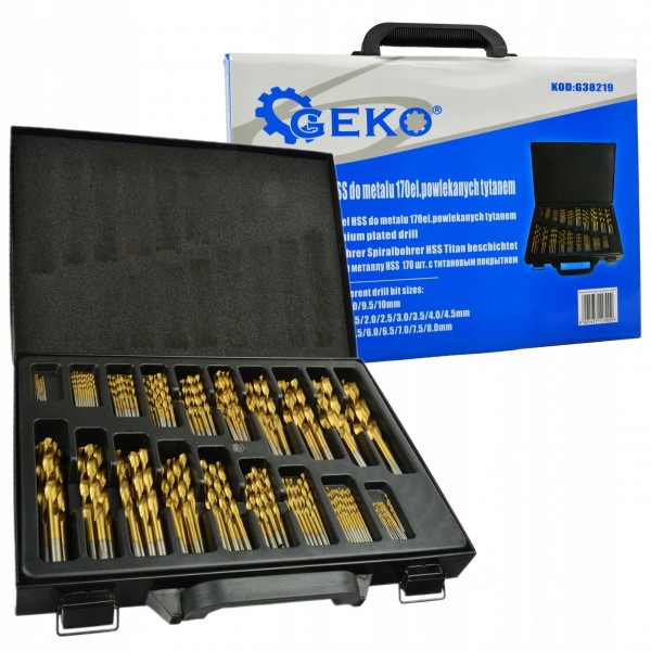 GEKO ZESTAW KOMPLET 170 SZTUK WIERTEŁ HSS TIN DO METALU WALIZKA G38219 GEKO ZESTAW KOMPLET 170 SZTUK WIERTEŁ HSS TIN DO METALU WALIZKA G38219