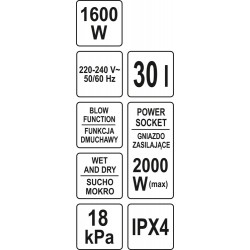 YATO ODKURZACZ PRZEMYSŁOWY WARSZTATOWY 30L 1600W OTRZĘSACZ FILTRA YT-85715