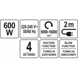YATO DMUCHAWA ODKURZACZ OGRODOWA MAŁA DO LIŚCI ELEKTRYCZNA 600W 2w1 YT85170
