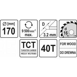 YATO TARCZA WIDIOWA DO DREWNA DREWNOPOCHODNYCH 170x16mm 40 ZĘBÓW YT-60583