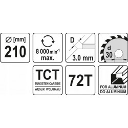 YATO PIŁA TARCZOWA TARCZA WIDIOWA DO ALUMINIUM 210 x 30mm 72-ZĘBY YT-6093