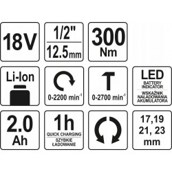 YATO KLUCZ UDAROWY AKUMULATOROWY 18V 1/2 2,0AH +NASADKI YATO YT-82804 18 V