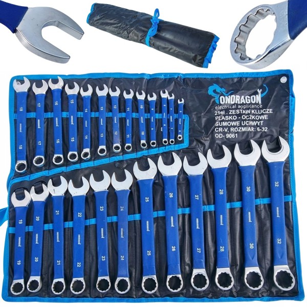 KLUCZE PŁASKO OCZKOWE 6-32mm 25el KLUCZE PŁASKIE GUMOWA RĘKOJEŚĆ OD9061