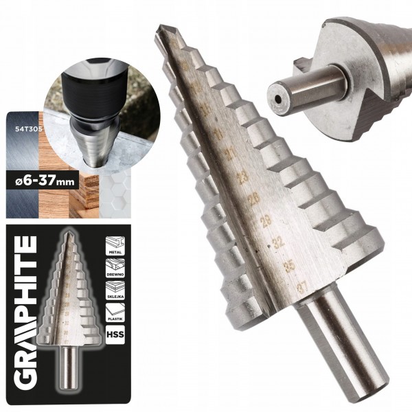 GRAPHITE WIERTŁO STOPNIOWE 6-37 MM WIERTŁA STOŻKOWE CHOINKOWE HSS 54T305 GRAPHITE WIERTŁO STOPNIOWE 6-37 MM WIERTŁA STOŻKOWE CHOINKOWE HSS 54T305