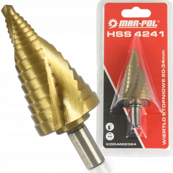 MAR-POL WIERTŁO STOPNIOWE SPIRALNE 20-34mm BLACHA PLASTIK HSS4241 M22324 MAR-POL WIERTŁO STOPNIOWE SPIRALNE 20-34mm BLACHA PLASTIK HSS4241 M22324