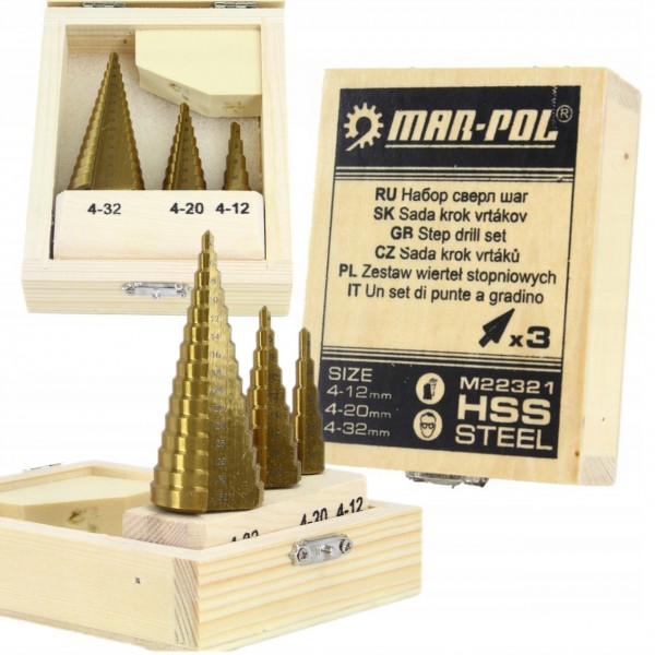 MAR-POL ZESTAW KPL WIERTEŁ STOPNIOWYCH HSS 4-32mm 3 SZTUKI WALIZKA M22321 MAR-POL ZESTAW KPL WIERTEŁ STOPNIOWYCH HSS 4-32mm 3 SZTUKI WALIZKA M22321