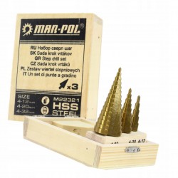 MAR-POL ZESTAW KPL WIERTEŁ STOPNIOWYCH HSS 4-32mm 3 SZTUKI WALIZKA M22321