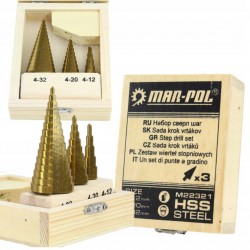 MAR-POL ZESTAW KPL WIERTEŁ STOPNIOWYCH HSS 4-32mm 3 SZTUKI WALIZKA M22321