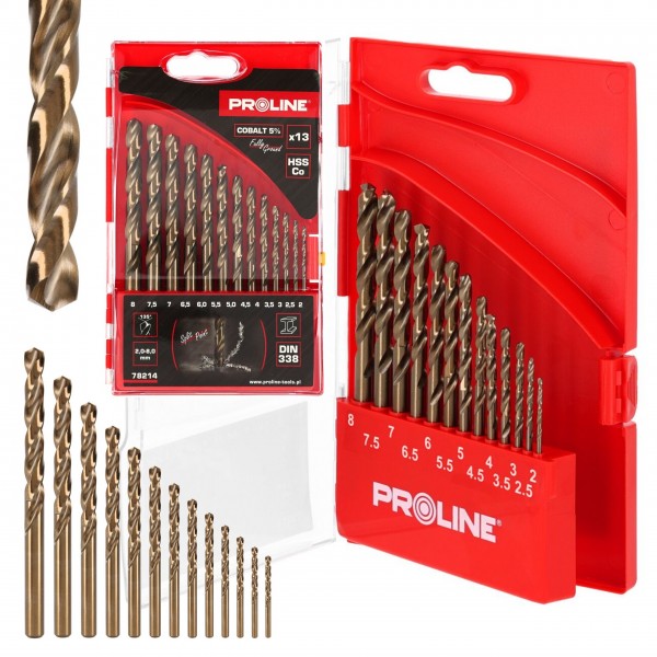 ZESTAW WIERTEŁ DO METALU HSSCO DIN338 13 SZTUK 2-8MM PROLINE 78214 ZESTAW WIERTEŁ DO METALU HSSCO DIN338 13 SZTUK 2-8MM PROLINE 78214