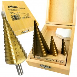 KOMPLET ZESTAW WIERTŁA STOŻKOWE STOPNIOWE DO METALU HSS 4-39 mm WALIZKA