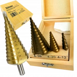 KOMPLET ZESTAW WIERTŁA STOŻKOWE STOPNIOWE DO METALU HSS 4-39 mm WALIZKA