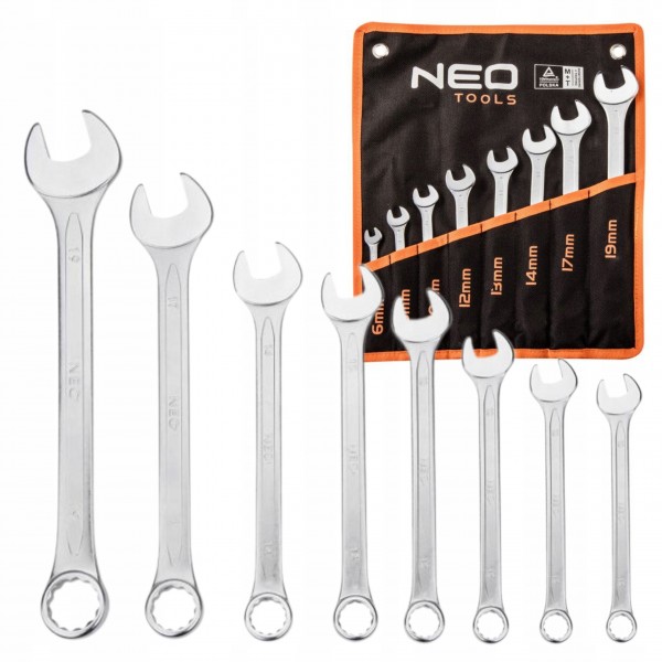 NEO KOMPLET ZESTAW KLUCZE PŁASKO-OCZKOWE 6-19mm ETUI PŁACHTA 8 SZTUK