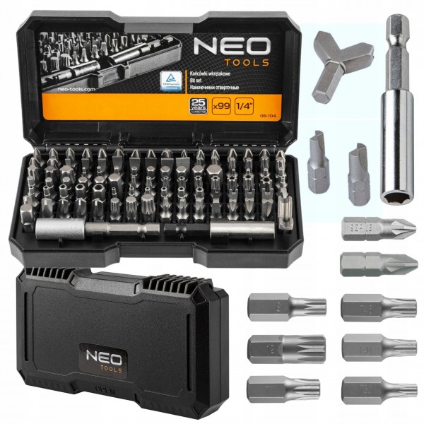 NEO ZESTAW KOŃCÓWKI WKRĘTAKOWE BITY TORX IMBUS 99ELEMENTÓW +SKRZYNKA 06-104 NEO ZESTAW KOŃCÓWKI WKRĘTAKOWE BITY TORX IMBUS 99ELEMENTÓW +SKRZYNKA 06-104