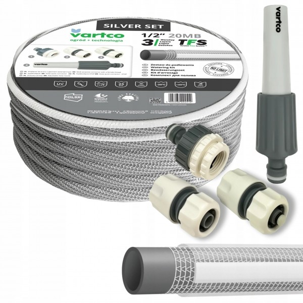 ZESTAW WĄŻ OGRODOWY 3-WARSTWOWY 25BAR 1/2'' 20M SILVER SET + ZŁĄCZKI POLSKI
