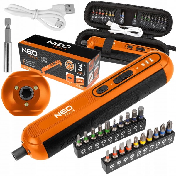 NEO ZESTAW WKRĘTAK AKUMULATOROWY 4V LI-ION LED USB-C +20el BITY ETUI 04-199