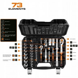 NEO ZESTAW KLUCZE NASADOWE 1/2" 1/4" 73elem CRV BITY TORX NASADKI WALIZKA