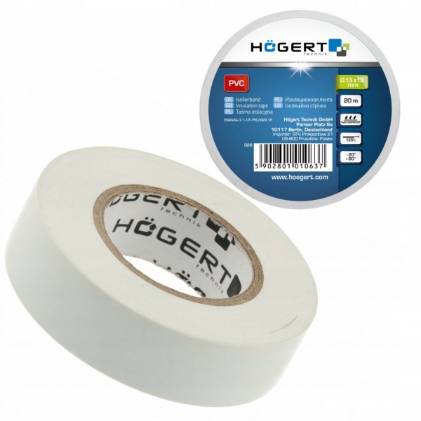 HOGERT TASMA IZOLACYJNA PVC BIAŁA 20m 0,13x19mm WATERPROOF HT1P285 HOGERT TASMA IZOLACYJNA PVC BIAŁA 20m 0,13x19mm WATERPROOF HT1P285