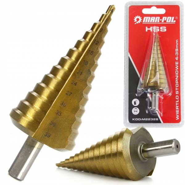 WIERTŁO STOPNIOWE 4-39MM STOŻKOWE TYTANOWE STAL HSS M22328 WIERTŁO STOPNIOWE 4-39MM STOŻKOWE TYTANOWE STAL HSS M22328